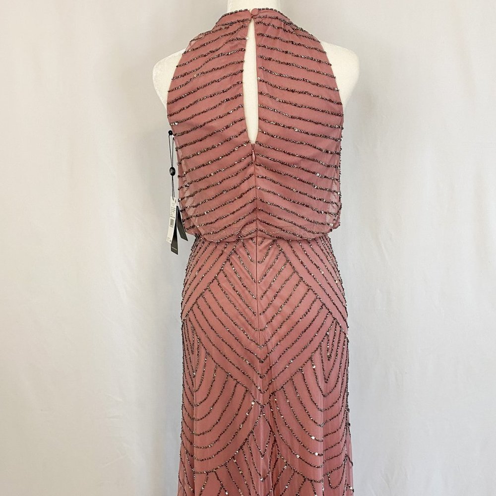 Adrianna Papell Art Deco Beaded Blouson Dress w/ Halter Neckline in Rose Mercury - Picture 12 of 14